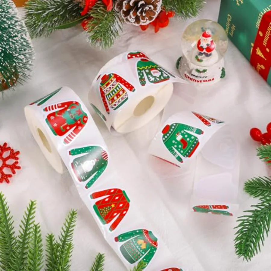 1000 Pcs Christmas Stickers Roll Red Green Ugly Sweater Self-Adhesive, view 3