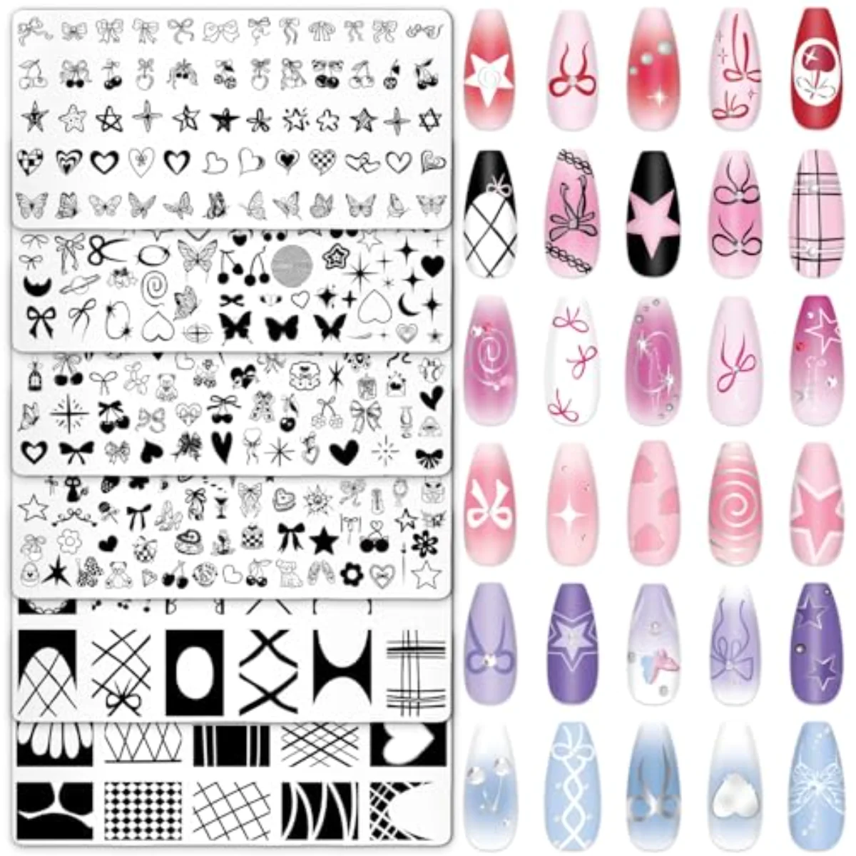 6 Pcs Coquette Nail Plates Stamping Set Bow Cherry Heart Stamp Templates