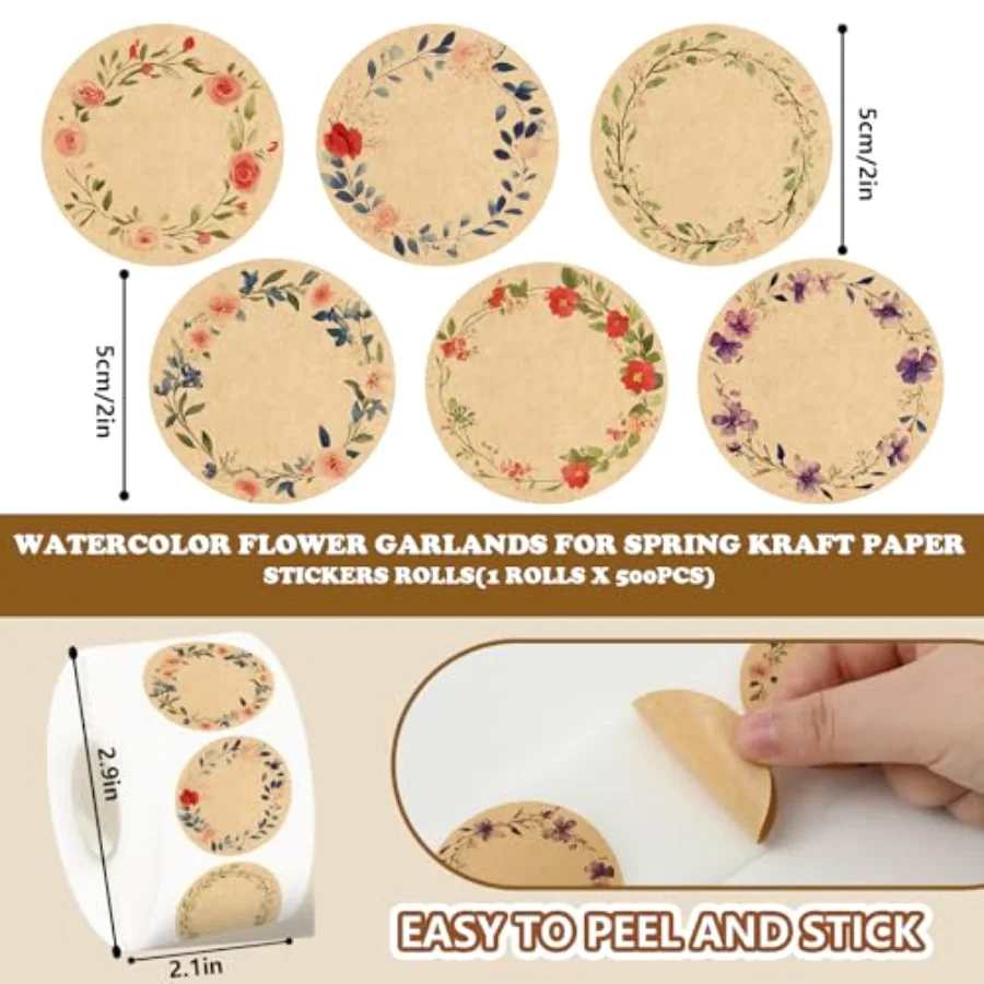 500 Pcs Spring Kraft Label Stickers Roll Tag Stickers Watercolor Flower, view 2