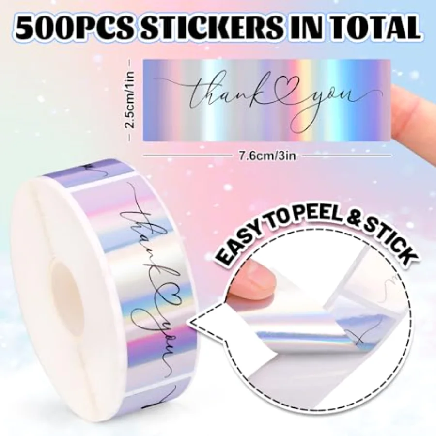 500 Pcs Holographic Thank You Stickers Roll Iridescent Thank You Rectangle, view 2
