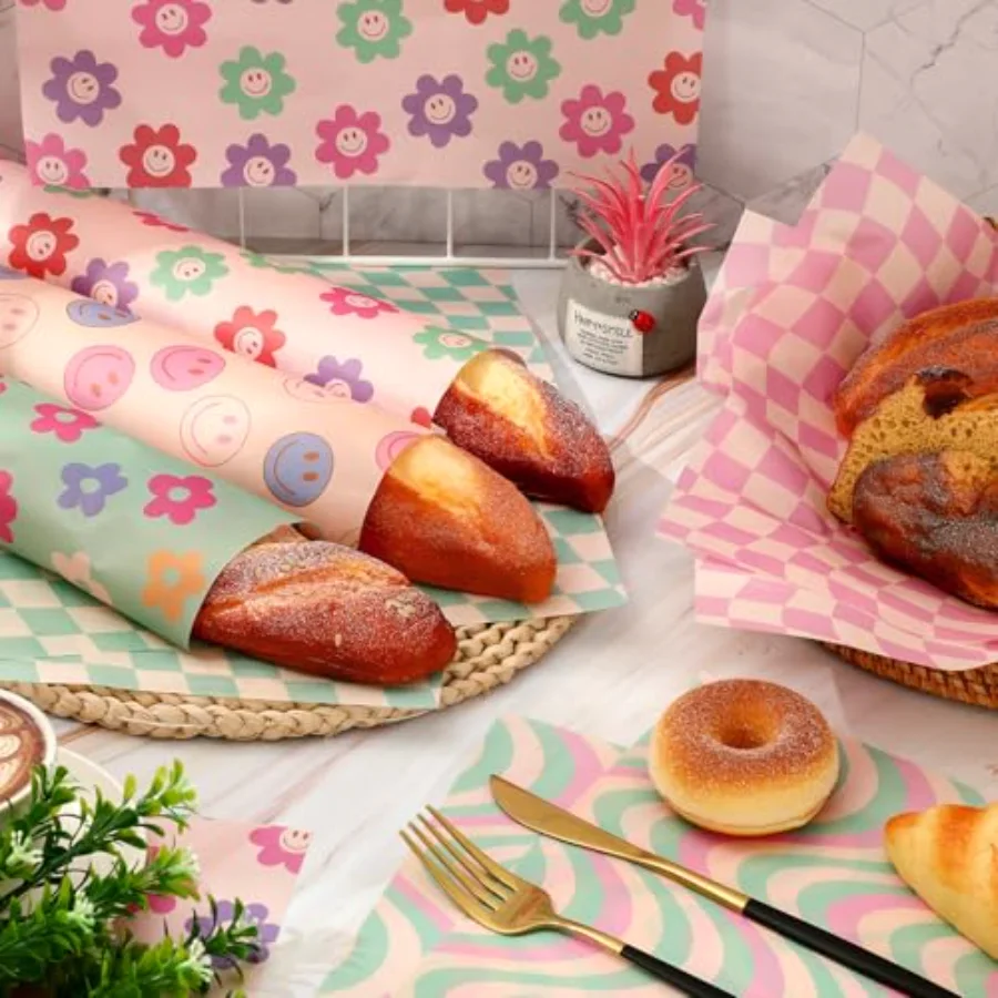 240Pcs Groovy Deli Paper Pastel Retro Smile Daisy Checkered Food Sandwich, view 3
