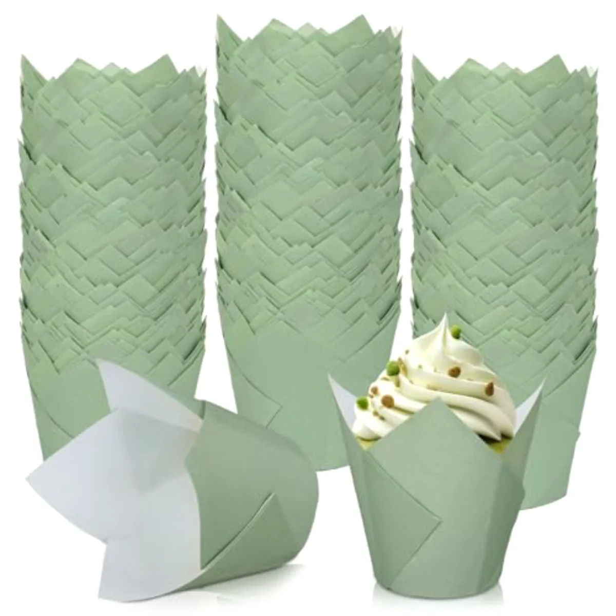 200Pcs Sage Green Tulip Cupcake Liners Green Muffin Baking Liners Tulip