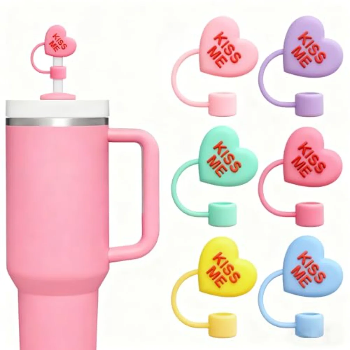 6 Pcs Valentine's Day Conversation Heart Straw Cover Cap Reusable Silicone