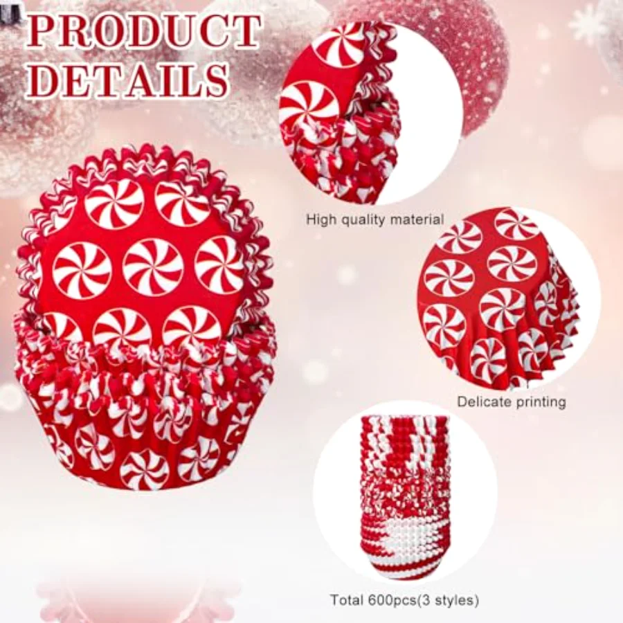 600Pcs Christmas Candy Cupcake Liners Peppermint Baking Cups Holders Candy, view 3