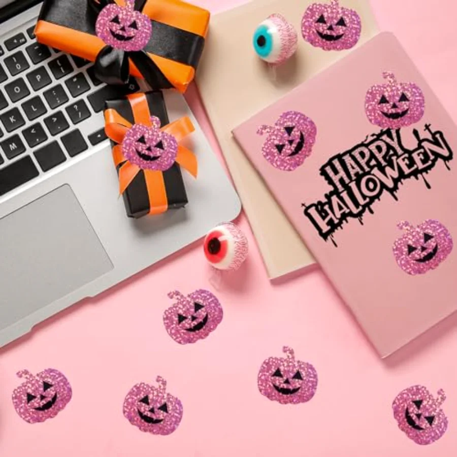 Halloween Stickers Roll Holographic Pink Pumpkin Shape Seal Stickers, view 4