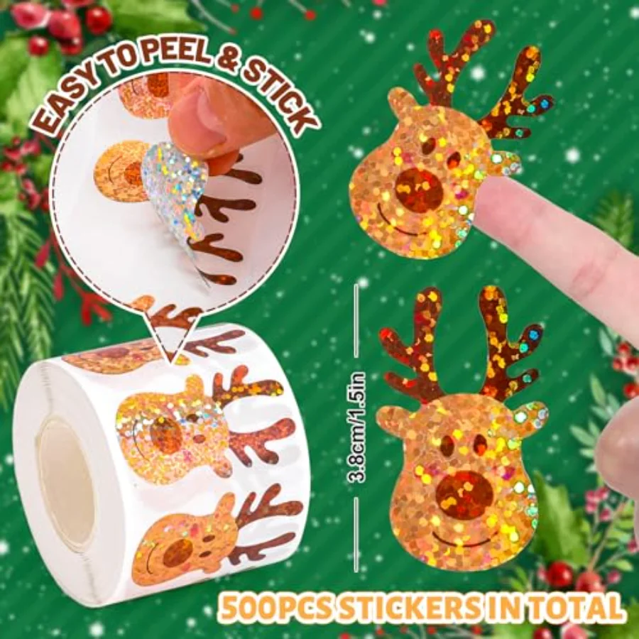 Christmas Deer Stickers Roll Holographic Reindeer Seal Stickers Sparkly, view 2