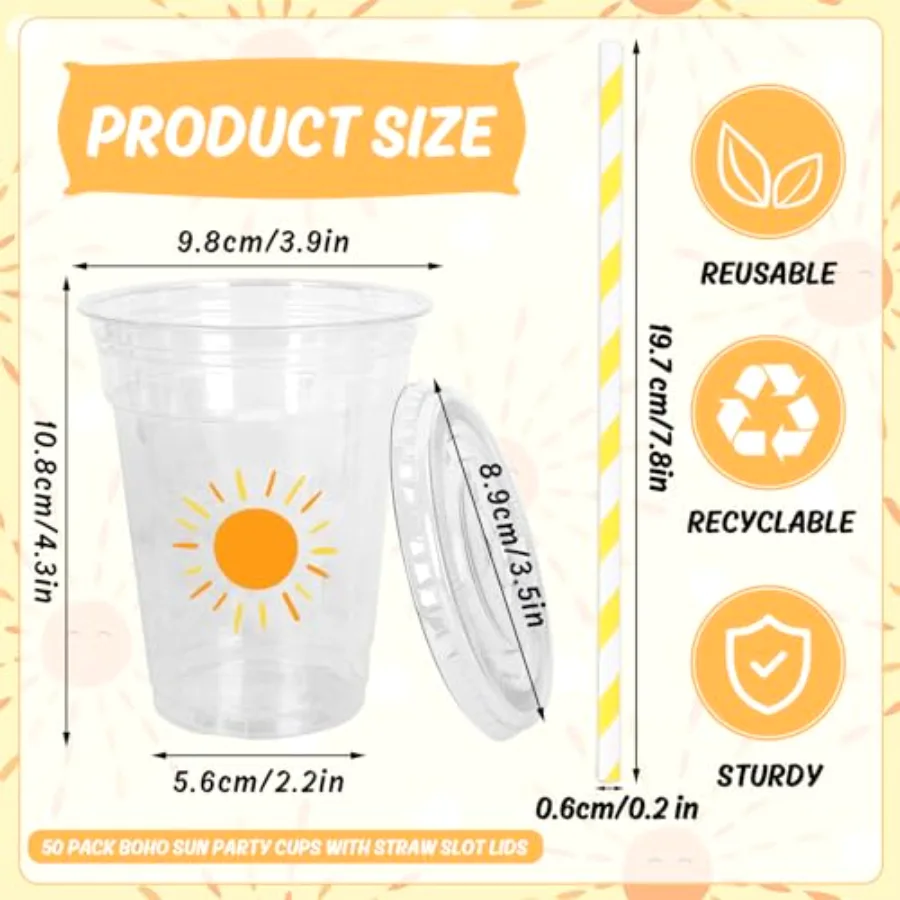 50Pcs Boho Sun Disposable Plastic Cups with Lids and Straws 12 Oz Sunshine, view 2