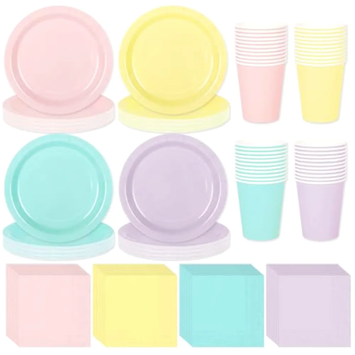 244Pcs Pastel Rainbow Tableware Set Serves 48 4 Colors Disposable