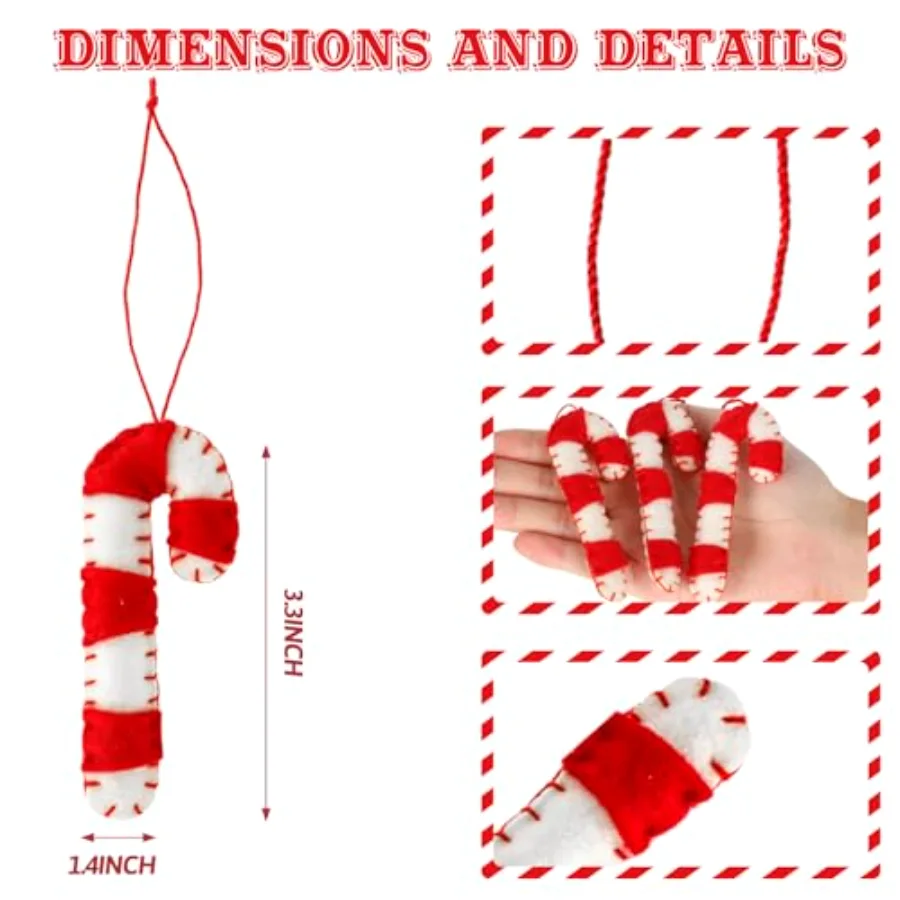 12Pcs Christmas Felt Hanging Ornament Red White Candy Cane for Xmas Tree, view 2
