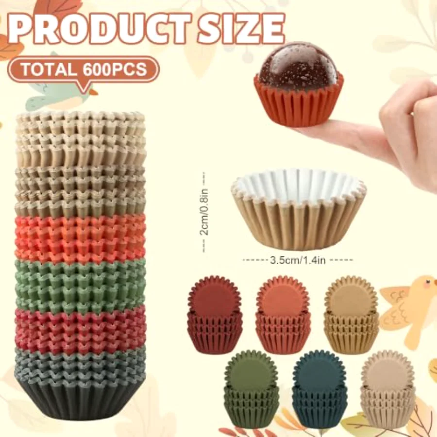 600 Pcs Fall Mini Cupcake Liners Warm Autumn Paper Baking Cups Wedding, view 2
