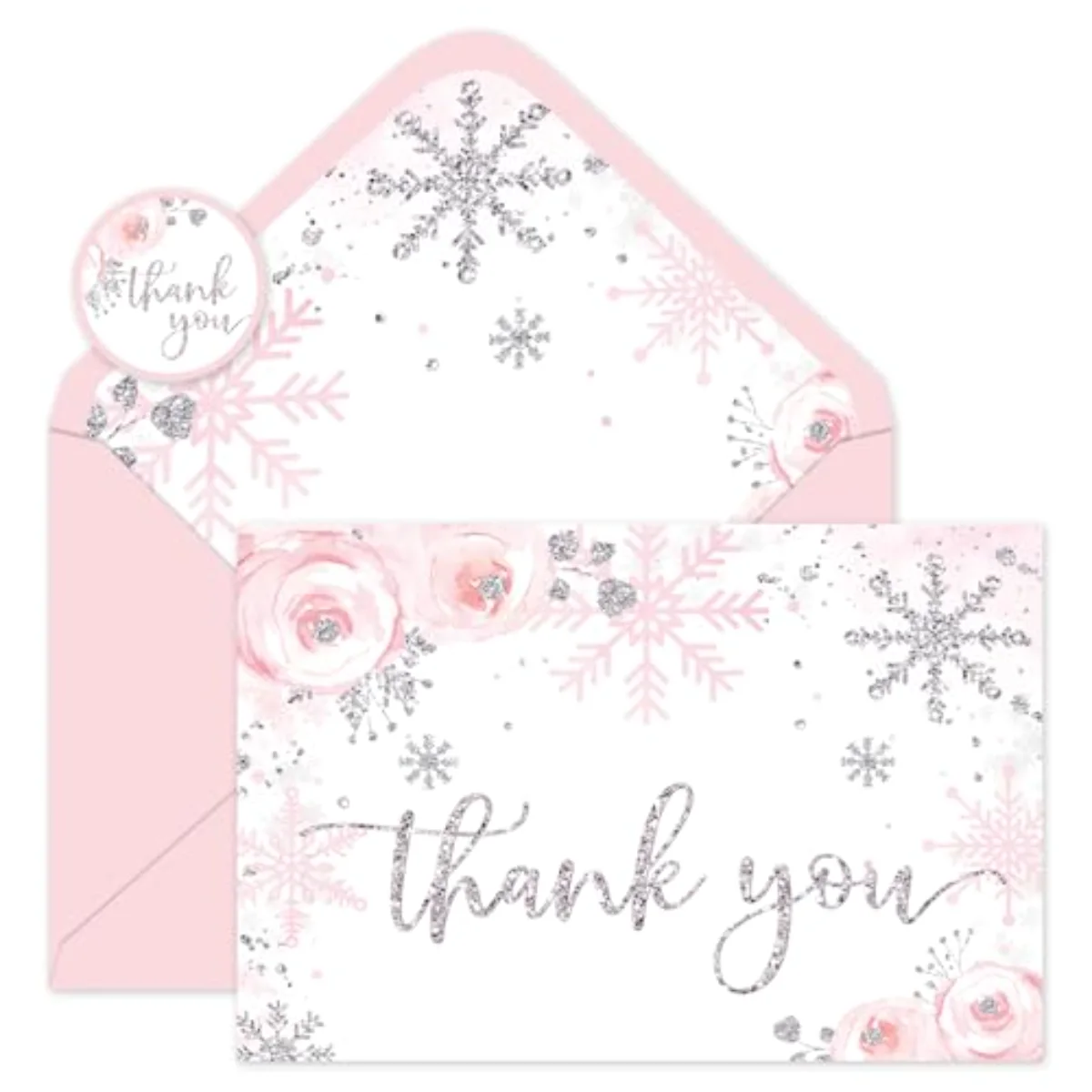 24 Pack Christmas Thank You Card Pink Glitter Snowflake Floral Greeting
