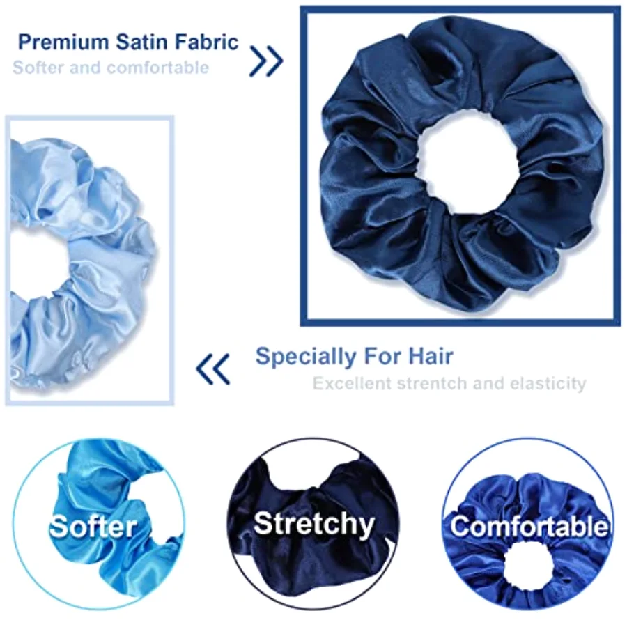 10Pcs Blue Satin Fabric Hair Ties Bulk Ponytail Holders Scrunchies Elastic, view 3