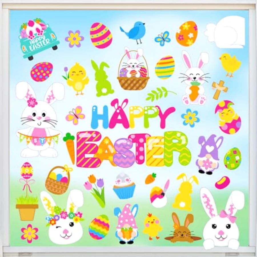 9 Sheets Easter Cartoon Window Cling Stickers Colorful Bunny Rabbit Bird, view 4