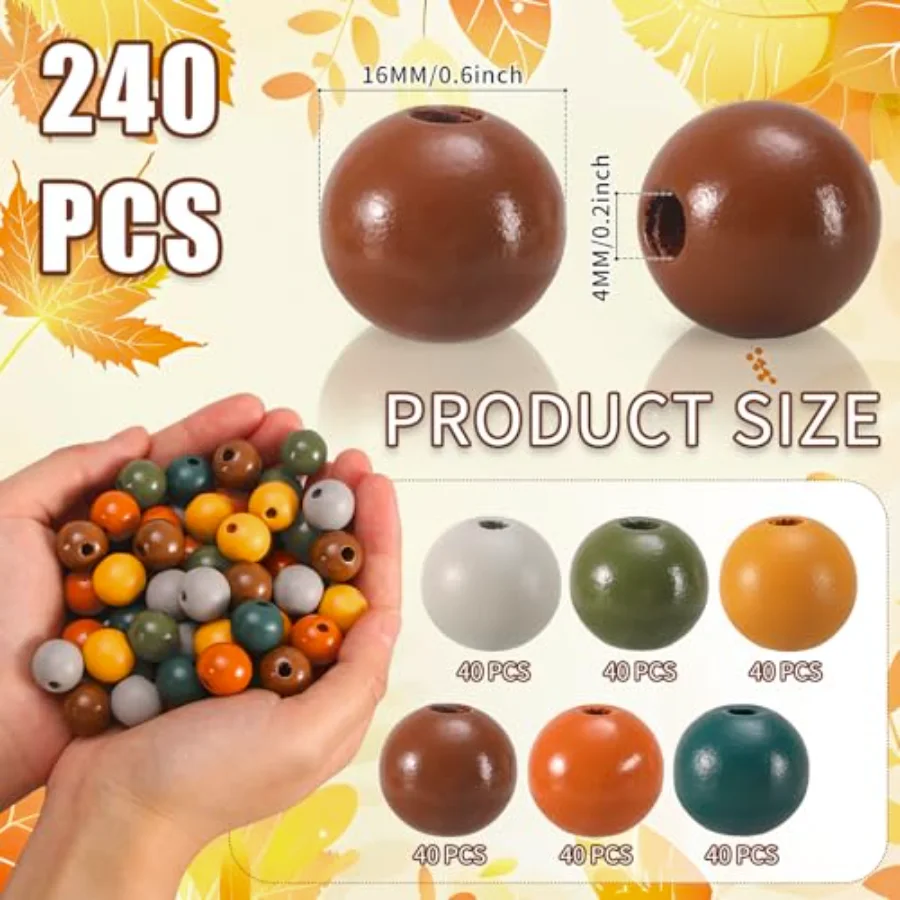 240Pcs Fall Wooden Beads Orange Yellow Green Brown Round Loose Bead Autumn, view 2