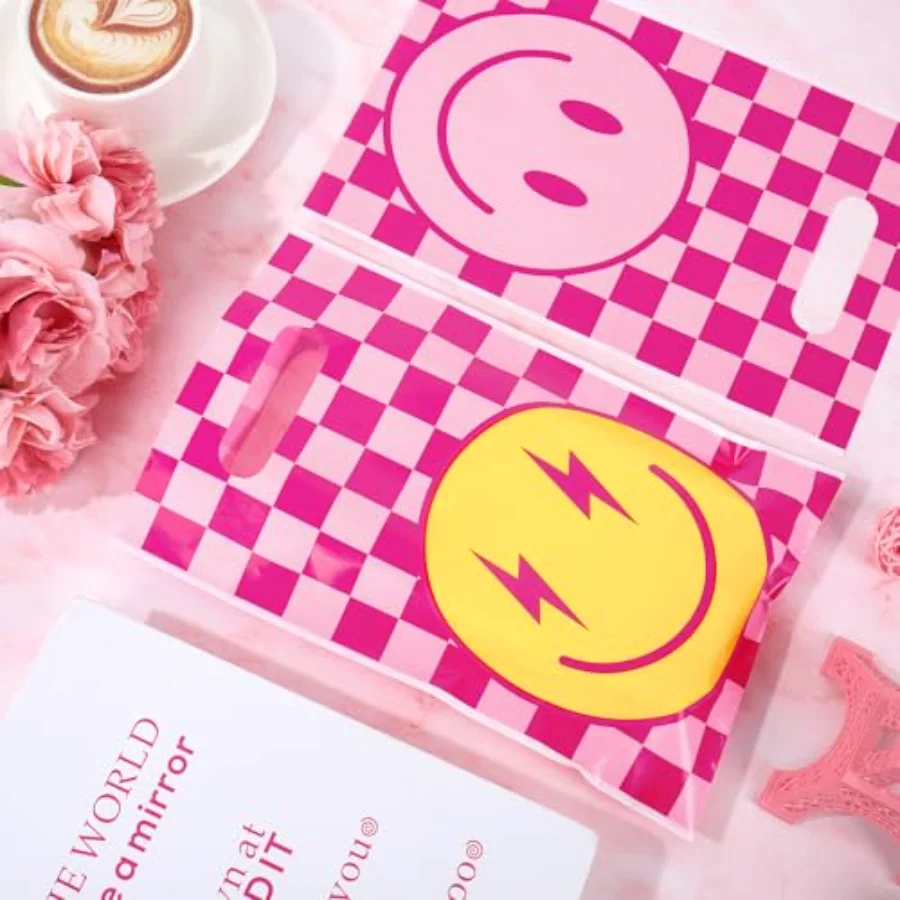 50 Pcs Preppy Party Favor Bag Pink Checkered Smile Face Treat Bags with, view 3