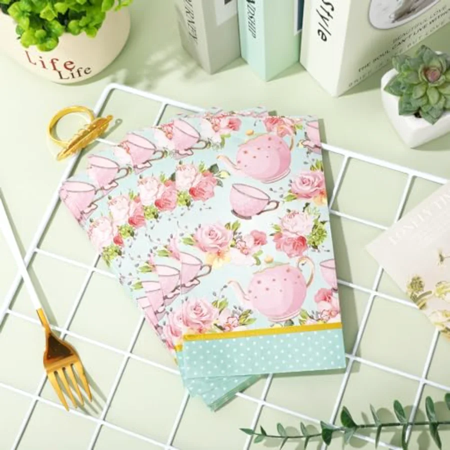 100Pcs Floral Tea Party Paper Napkins Teacups Guest Napkins Disposable, view 4