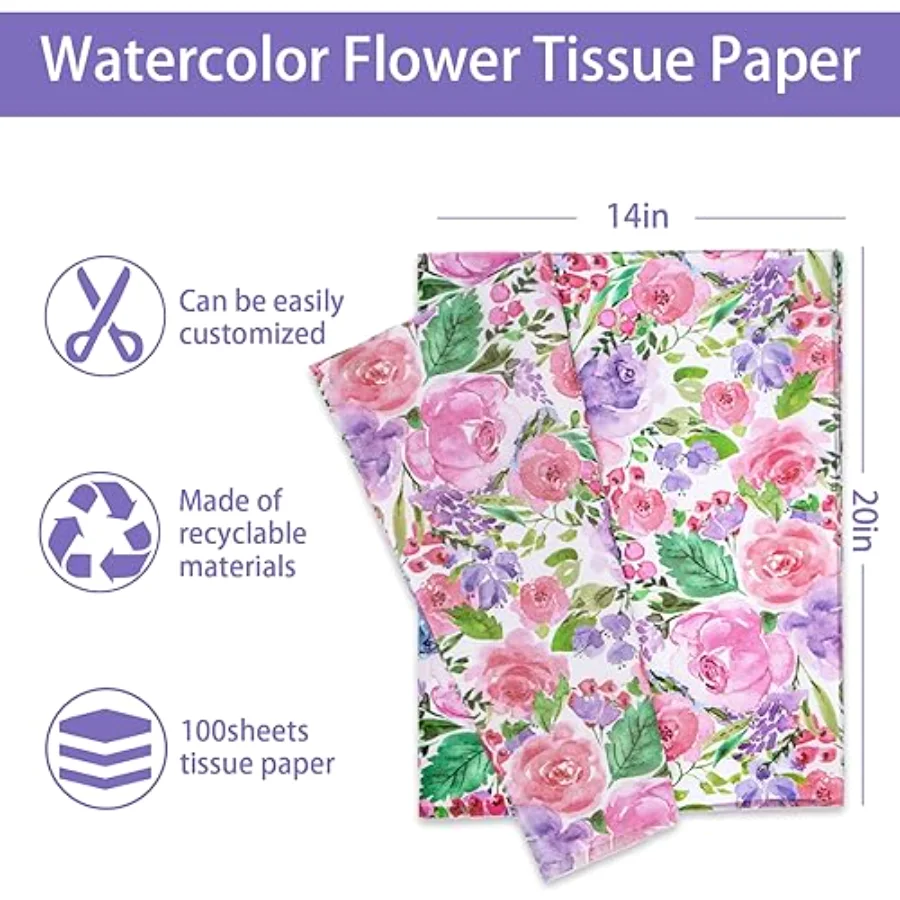 100 Pcs Floral Tissue Paper Watercolor Flower Gift Wrapping Paper Blossom, view 2
