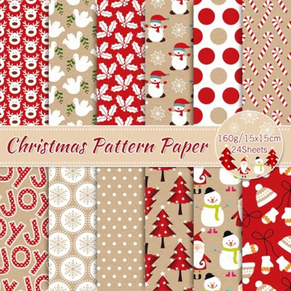24 Sheets Christmas Pattern Paper Santa Reindeer Snowman Scrapbook