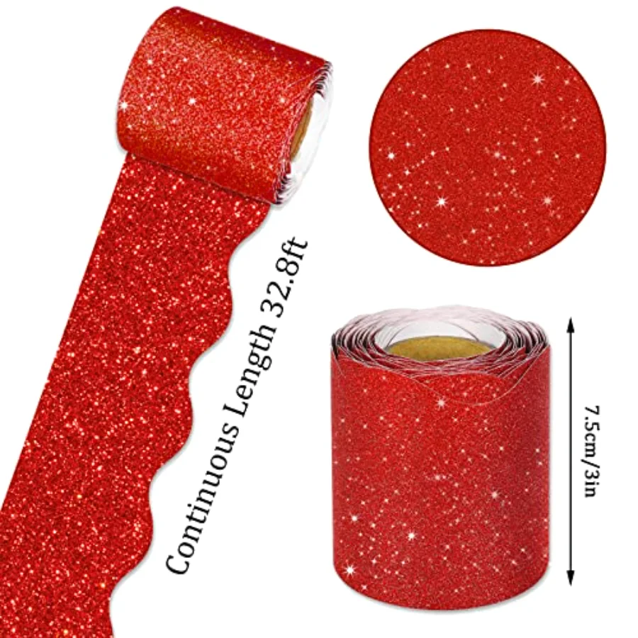 196.9ft Rainbow Bulletin Board Borders 6 Rolls Glitter Rainbow Scalloped, view 2