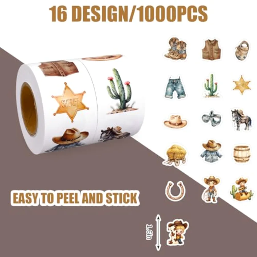 1000Pcs Little Cowboy Sticker Roll Cowboy Hat Boots Horse Cactus Decals 16, view 2