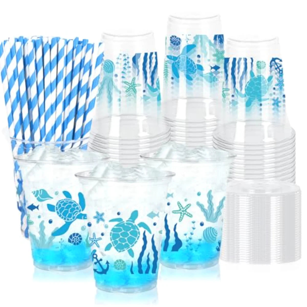 50Pcs Summer Ocean Plastic Cups Disposable Cups with Lids Straws 12oz Blue