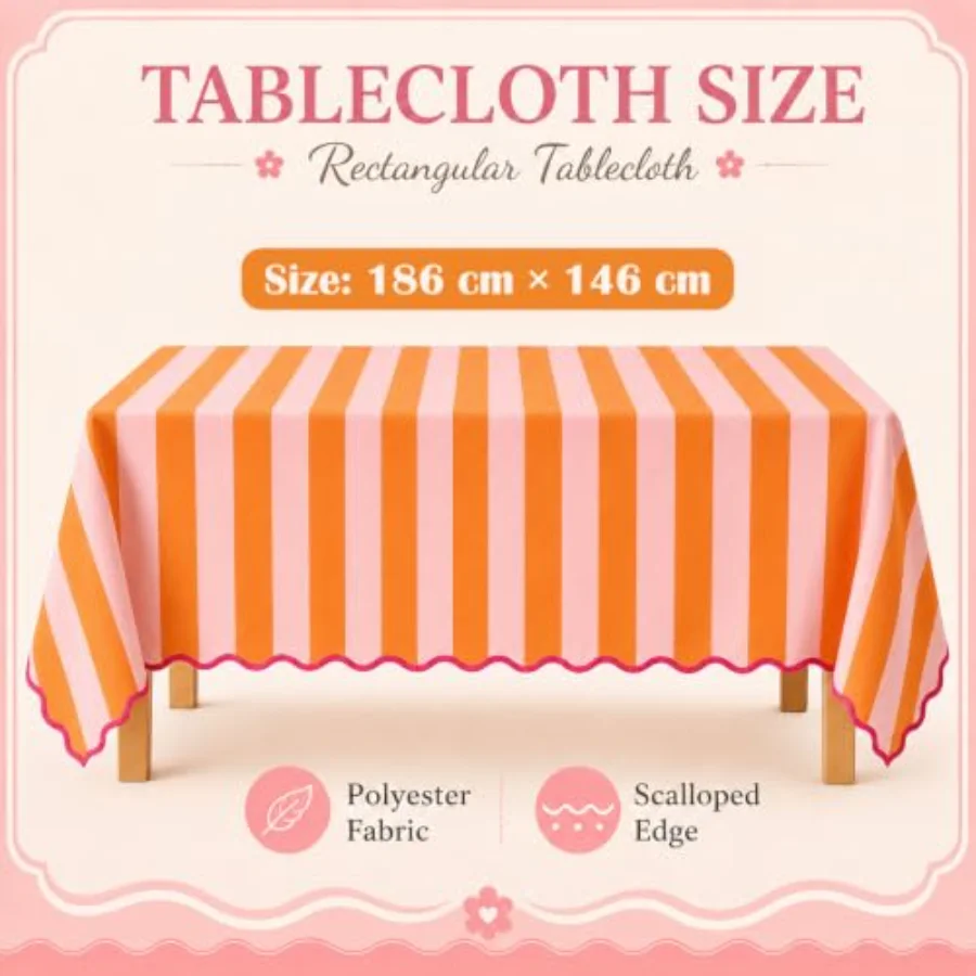 Scalloped Edge Tablecloth, Orange Pink Wide Striped, view 2