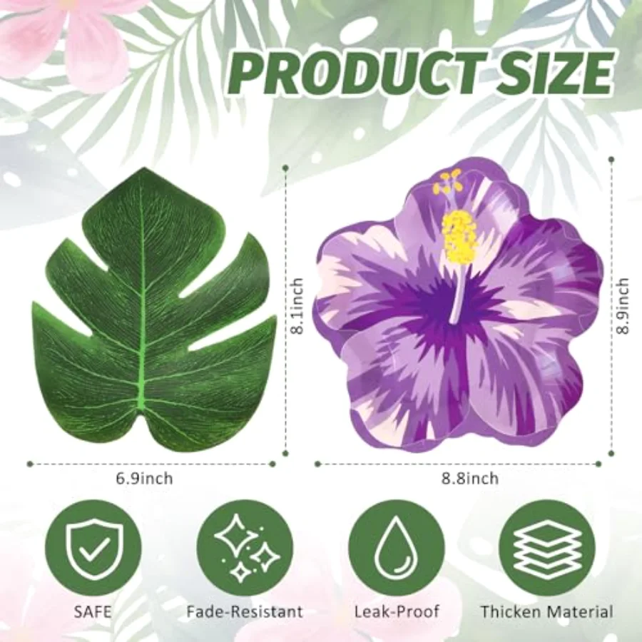 120 Pcs Hibiscus Floral with Artificial Palm Leaves Paper Plates Set Luau, view 2