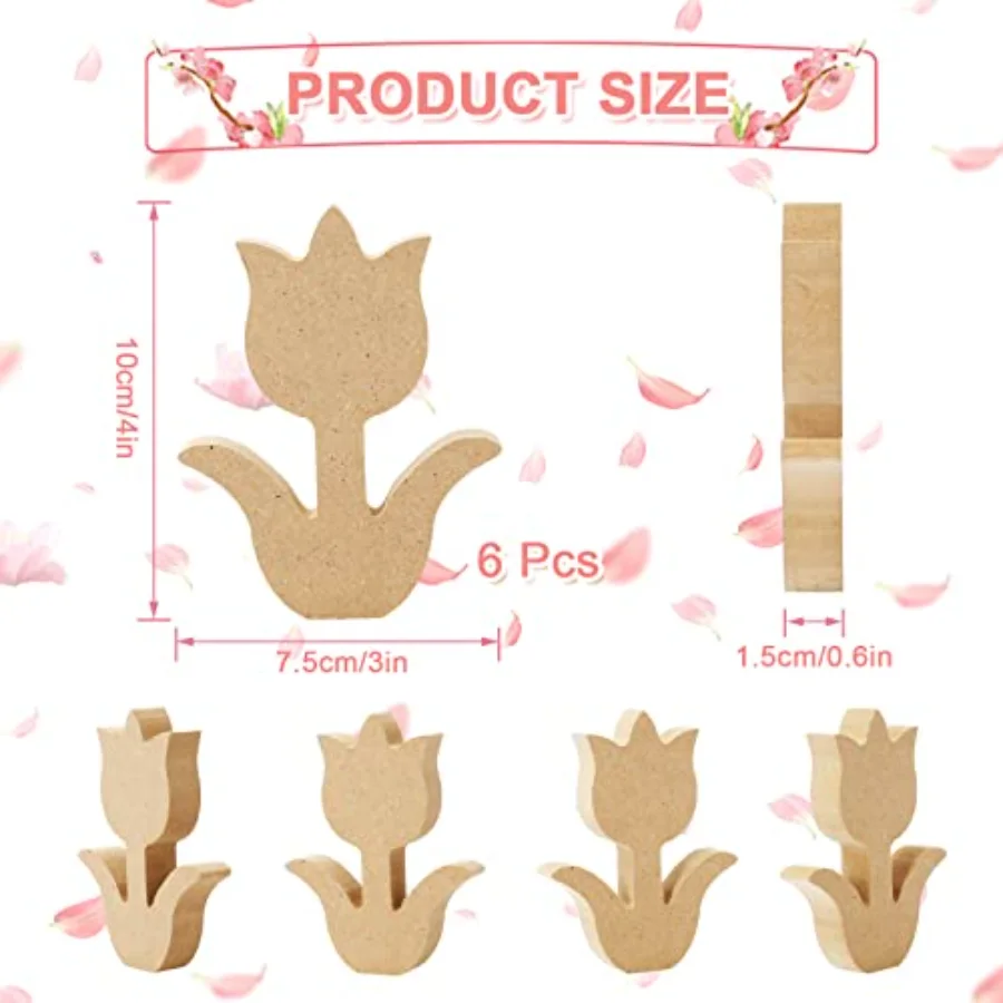 6Pcs Wooden Tulip Spring Table Decoration Unfinished Flower Wood Sign, view 2
