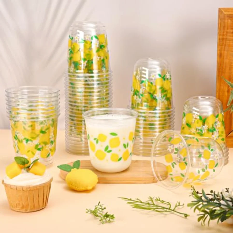 50Pcs Summer Plastic Cups 12 Oz Lemon Disposable Clear Stemless Wine, view 4