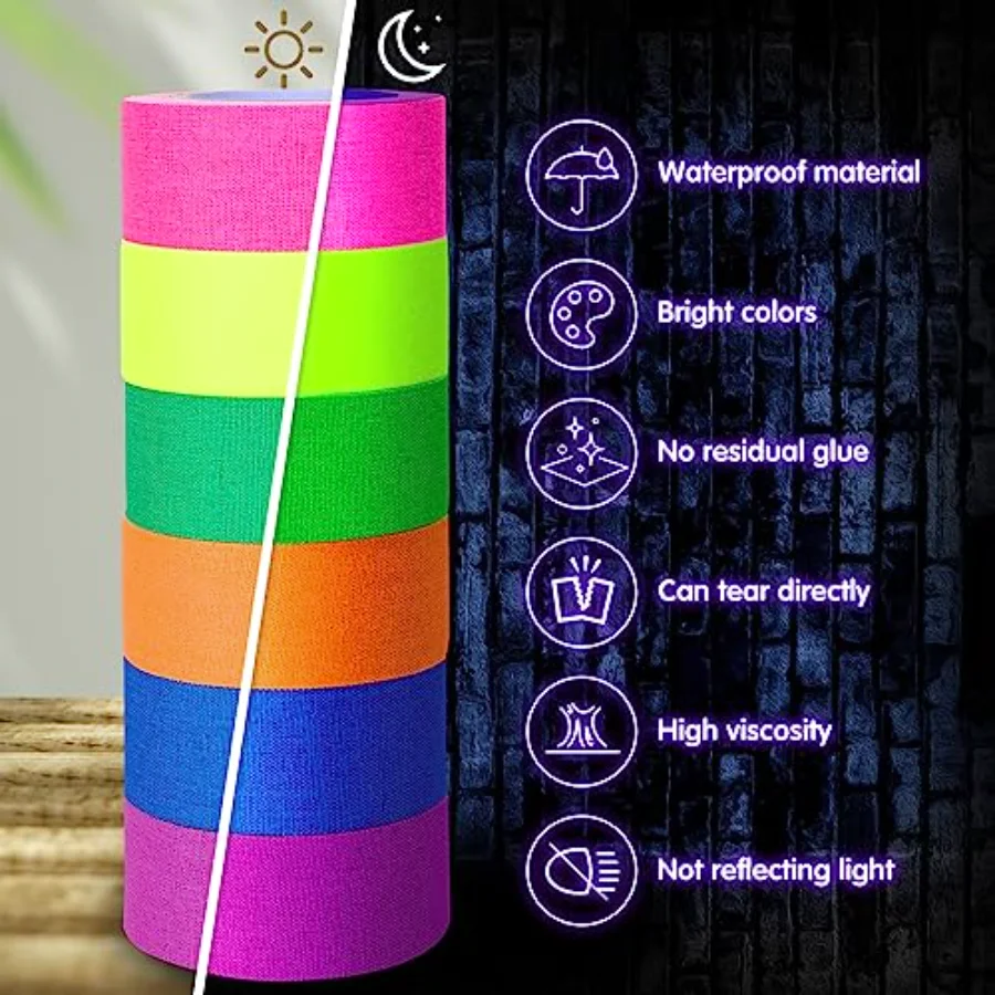 6 Colors Neon Gaffer Cloth Tape Fluorescent Rainbow Color UV Blacklight, view 3