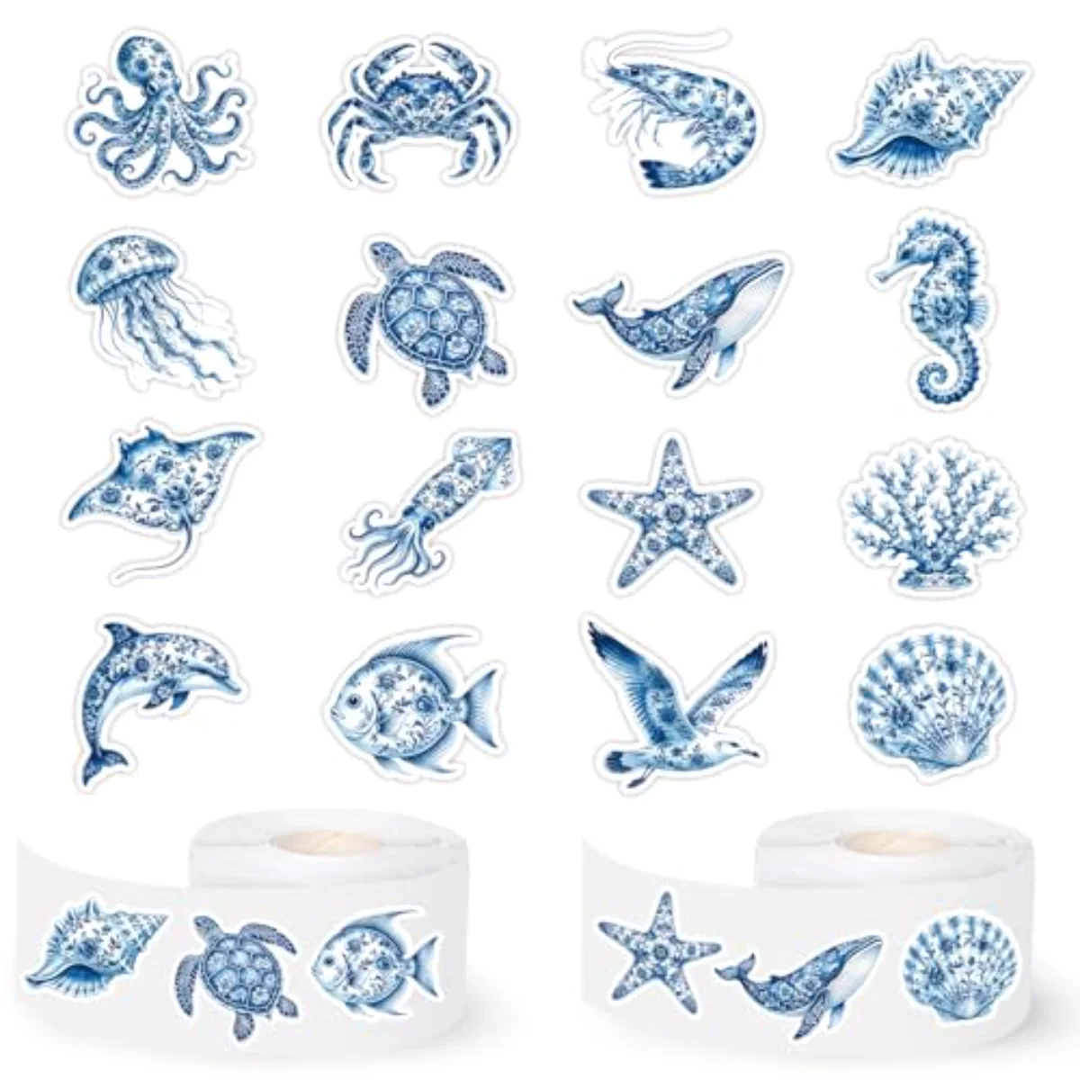 1000Pcs Summer Ocean Animal Sticker Roll Blue Sea Creature Stickers
