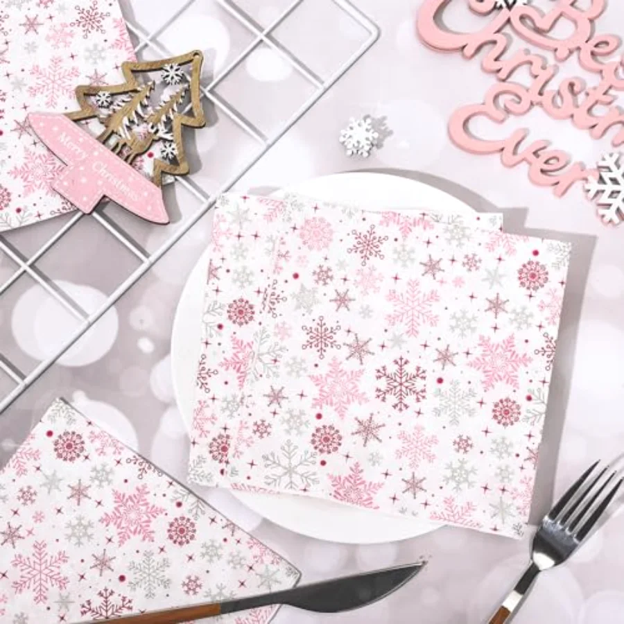 80 Pack Pink Paper Napkins Winter Snowflake Disposable Napkins Pink Silver, view 3