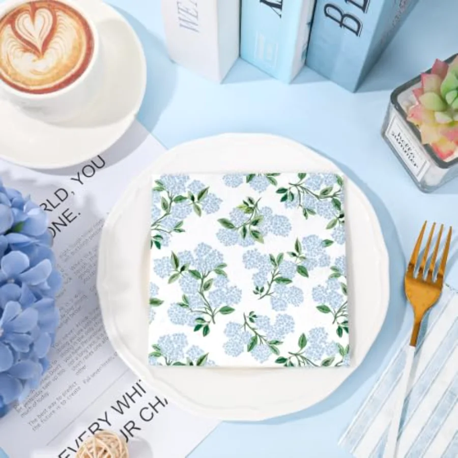 50 Pcs Blue Hydrangea Stripe Cocktail Napkins Floral Flower Paper Napkins, view 4