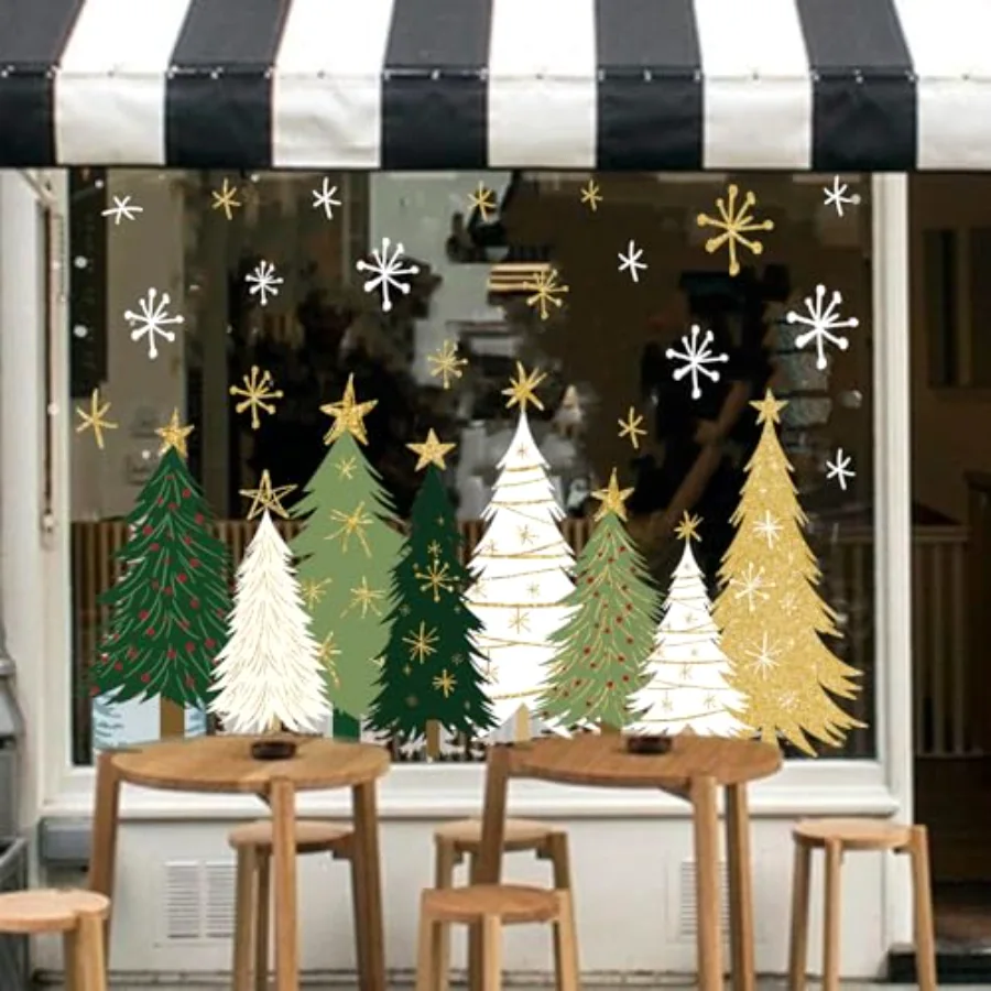 9 Sheets Christmas Window Clings Window Decals White Green Gold Xmas Tree, view 4
