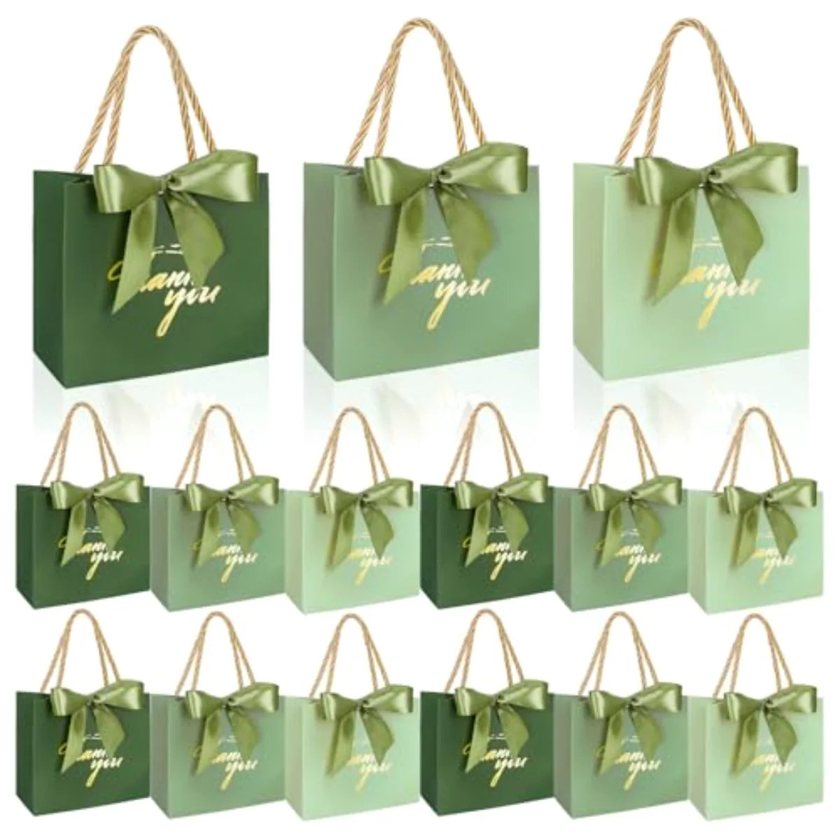 60Pcs Thank You Paper Gift Bags with Bow Gradient Sage Green Party Favor