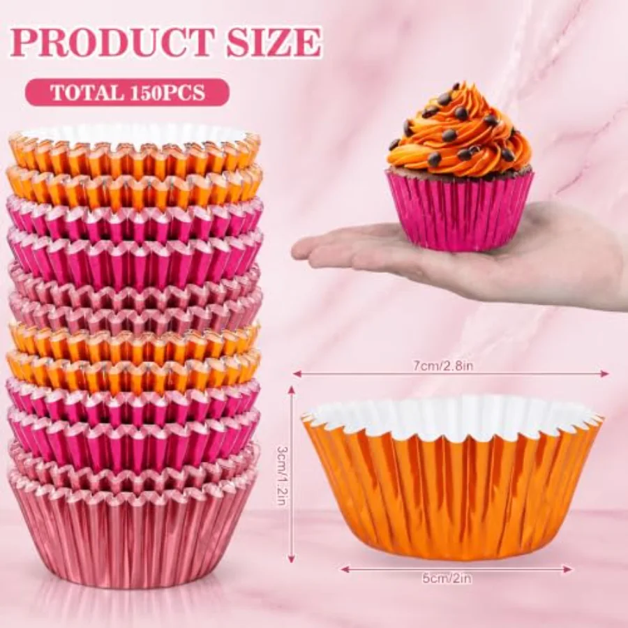 150Pcs Metallic Foil Cupcake Liners Pink Orange Muffin Baking Cups, view 2