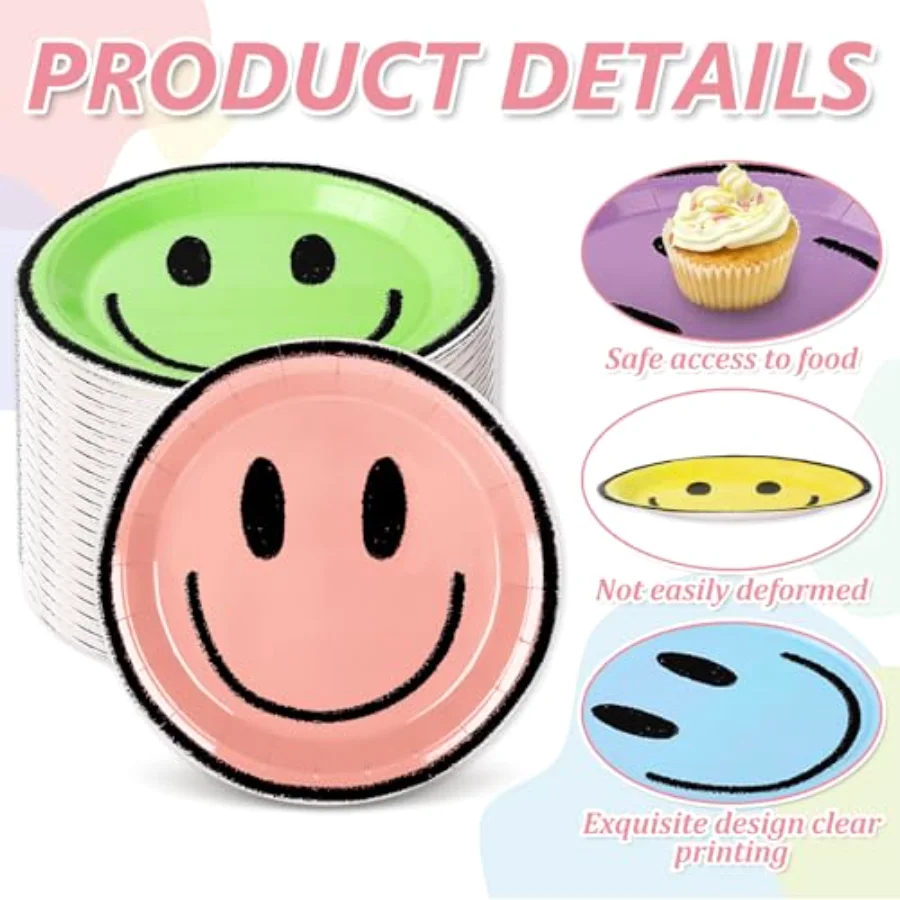 Boho Smile Face Paper Plates Cute Happy Face Disposable Plate 6 Colors, view 3