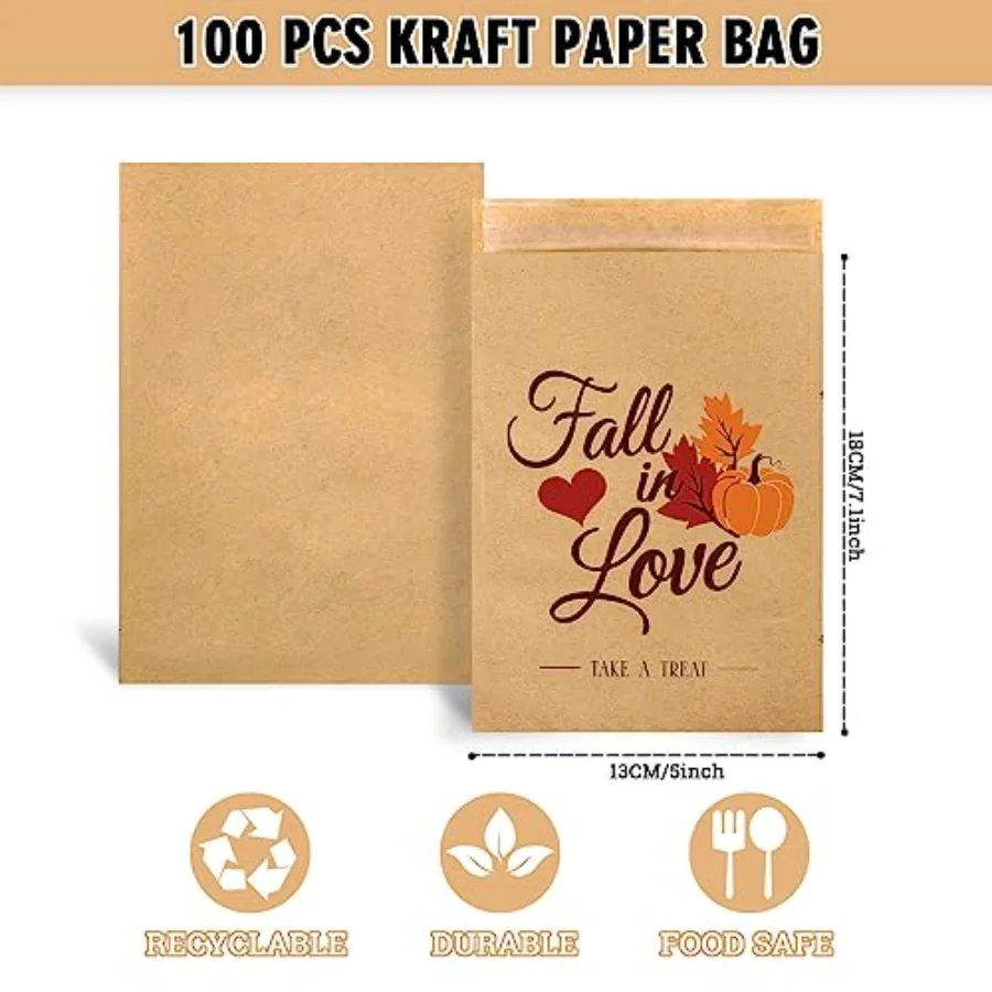 100 Pack Fall Wedding Favor Candy Bags Fall in Love Treat Bags Pumpkin, view 2