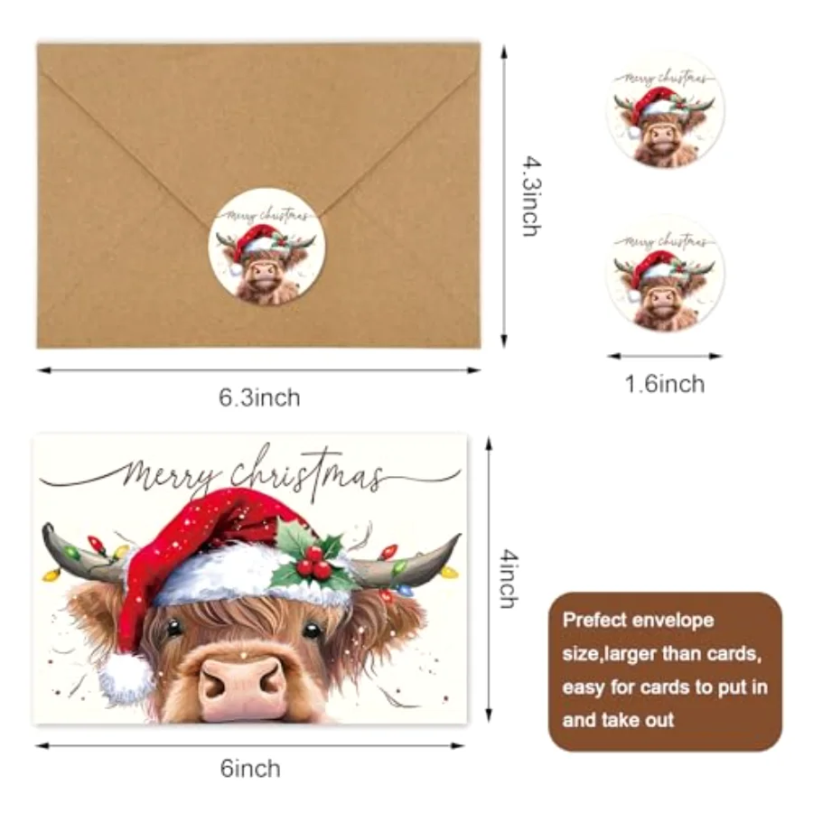 36Pcs Christmas Highland Cow Thank You Cards Xmas Hat Brown Cow Note Cards, view 2