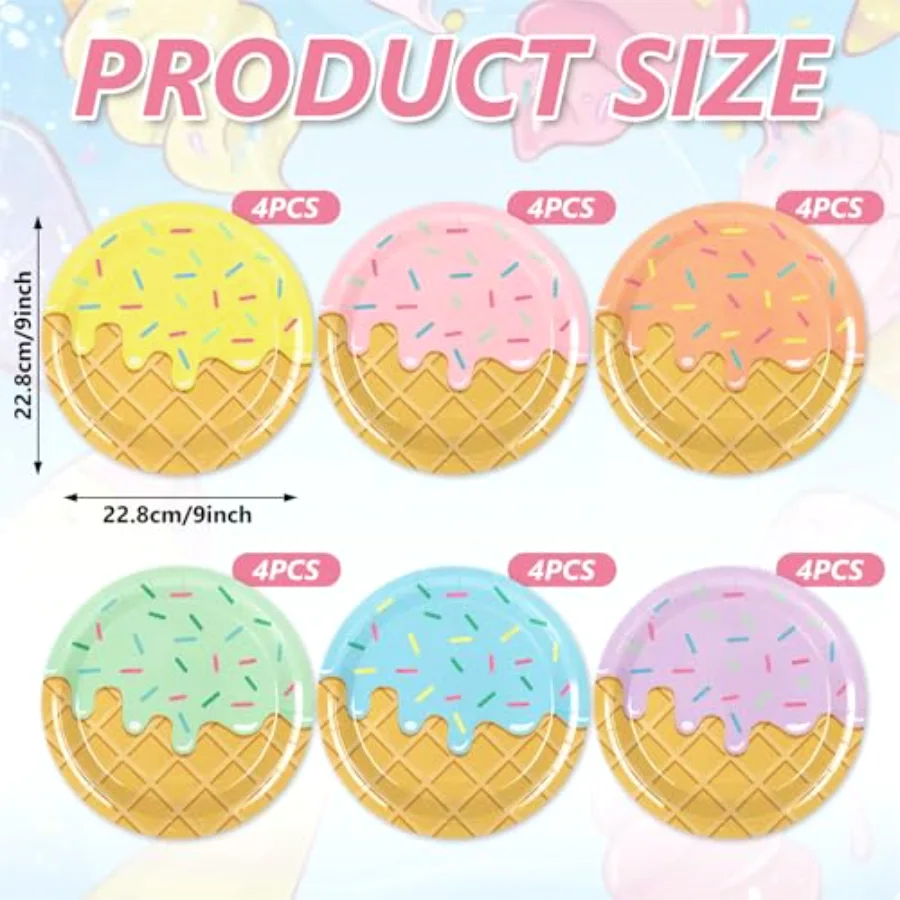 Ice Cream Birthday Party Paper Plates 6 Pastel Colors Summer Disposable, view 2