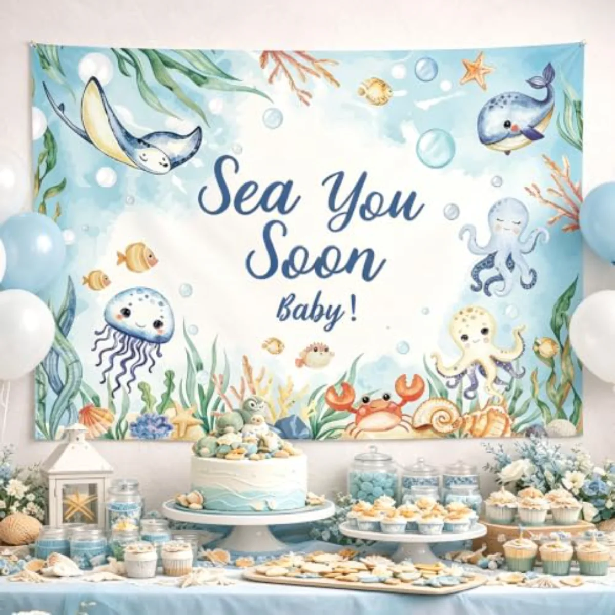 Sea You Soon Baby Shower Backdrop 7 x 5 Ft Cartoon Ocean Animal