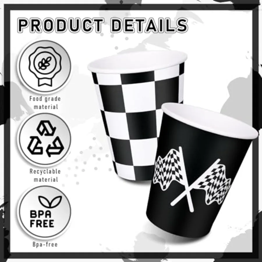 50 Pcs Checkered Racing Paper Cups 9 Oz White Black Checkered Flag, view 3