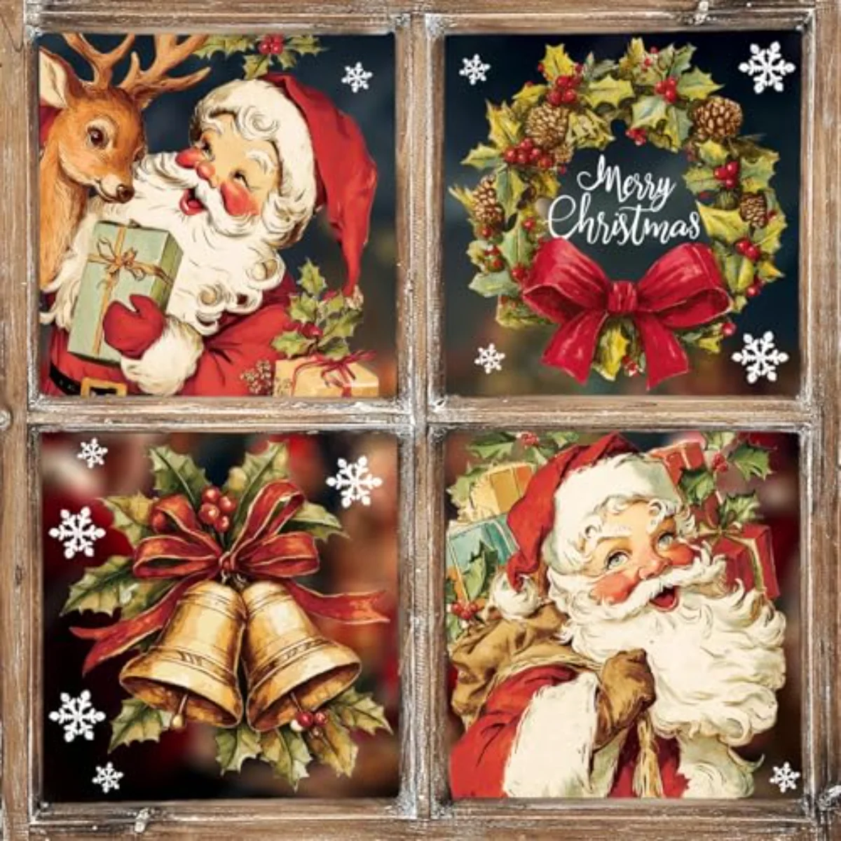 4 Sheets Large Christmas Window Clings Santa Reindeer Holly Berry Bell