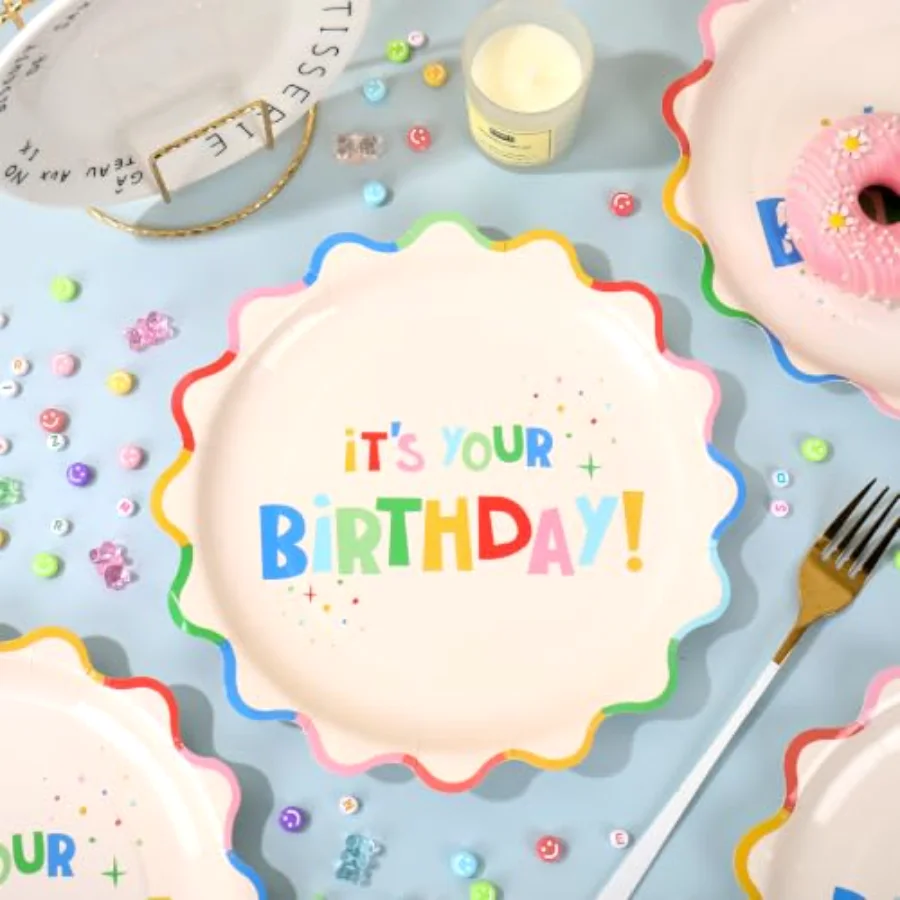 30Pcs Birthday Paper Plates, Colorful Scalloped, view 3