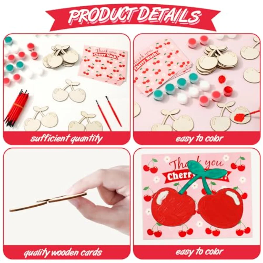 24 Sets Cherry Party Favors Cards with Wood Painting Crafts Bulk Blank, view 3