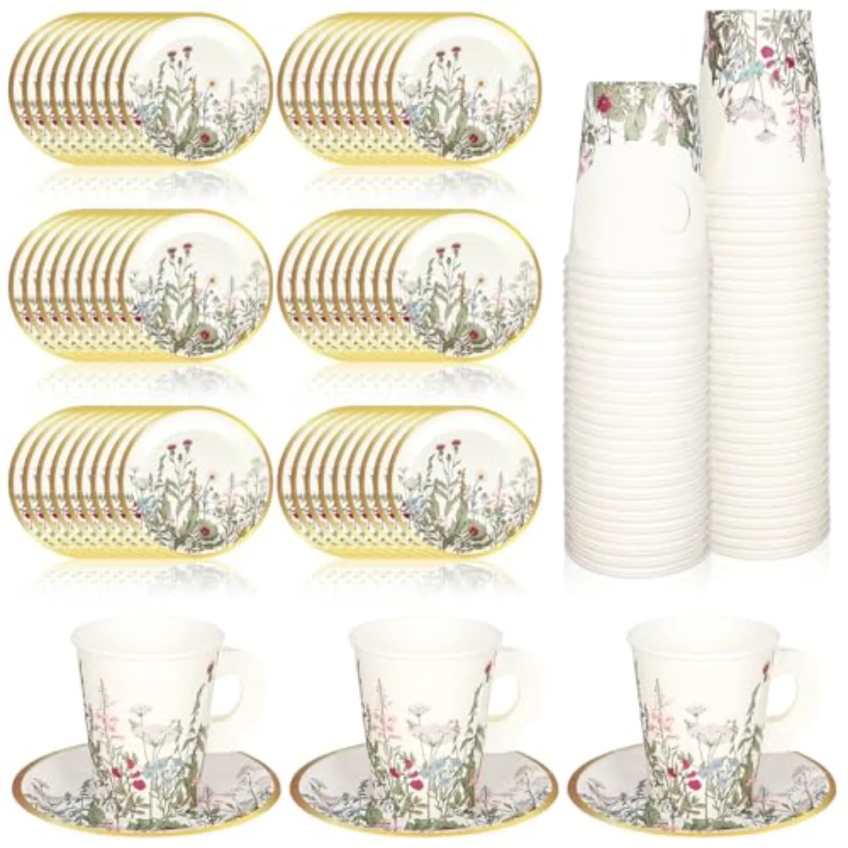 80 Pcs Floral Paper Tea Cups and Saucers 9 oz Vintage Wildflower