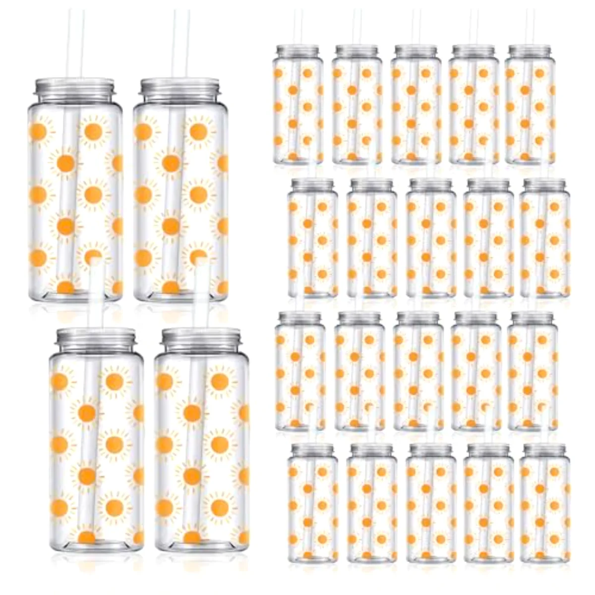 20 Pcs Boho Sun Plastic Cups with Lids and Straws Clear Party Drinking