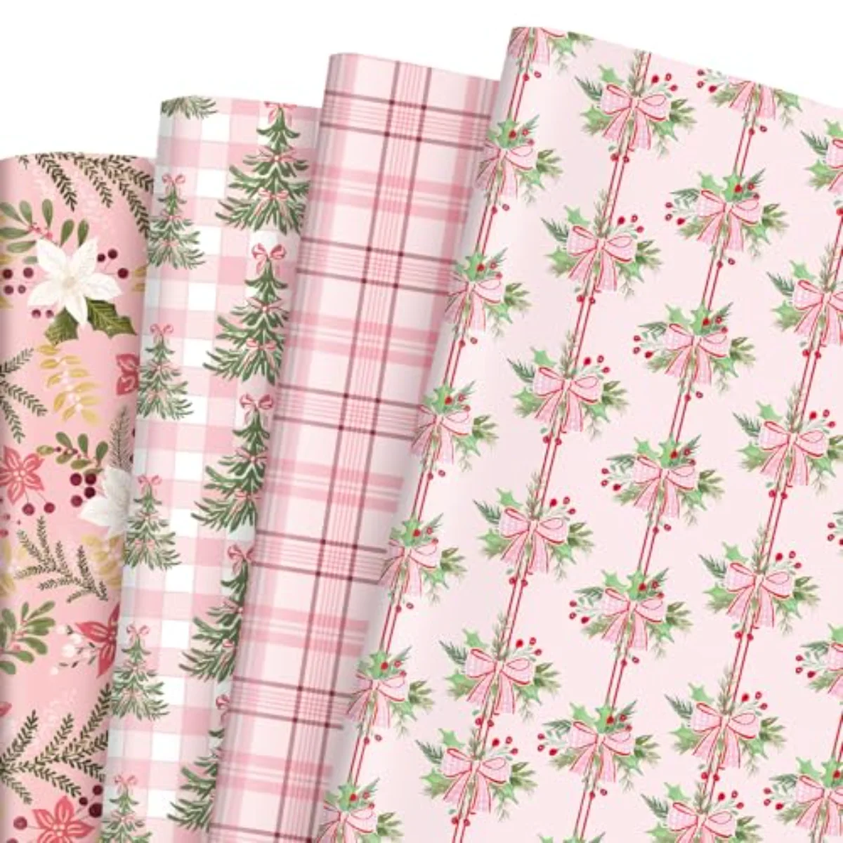 Christmas Floral Wrapping Paper Pink Christmas Tree Bow Gift Wrap Paper