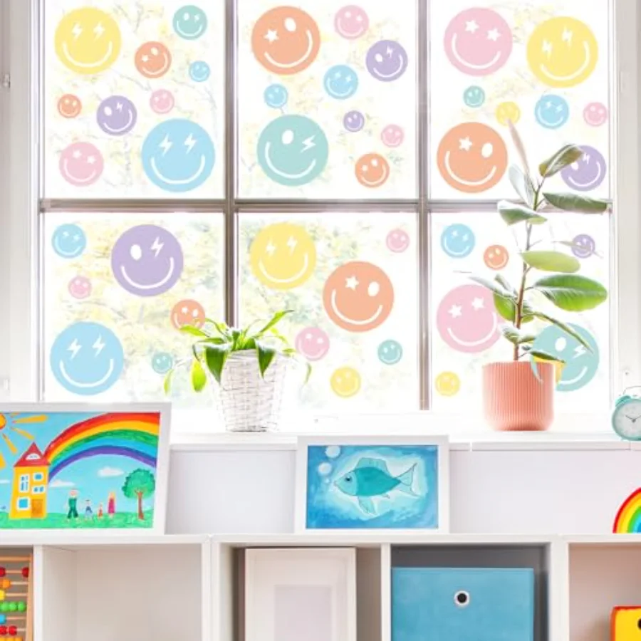 9 Sheet Smile Face Window Cling Back to School Pastel Preppy Smile Pattern, view 2