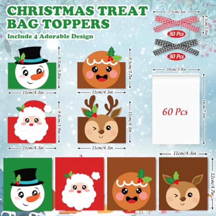 180 Pcs Christmas Self-Adhesive Goody Bag with Topper Bow Snowman Santa, view 2